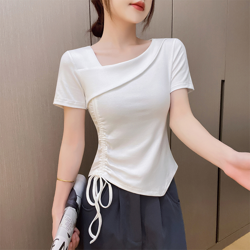 2025夏季新款性感白色不规则领口白色短袖T恤女内搭显瘦体恤上衣