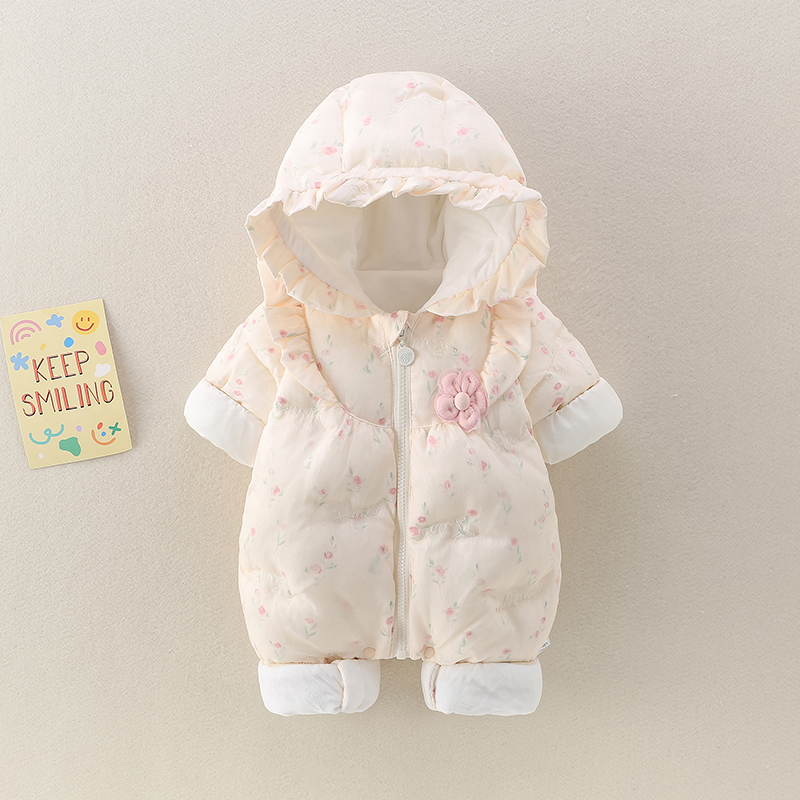 婴幼儿衣服冬季棉服女宝宝加绒连体衣夹棉加厚新生儿公主外出棉服