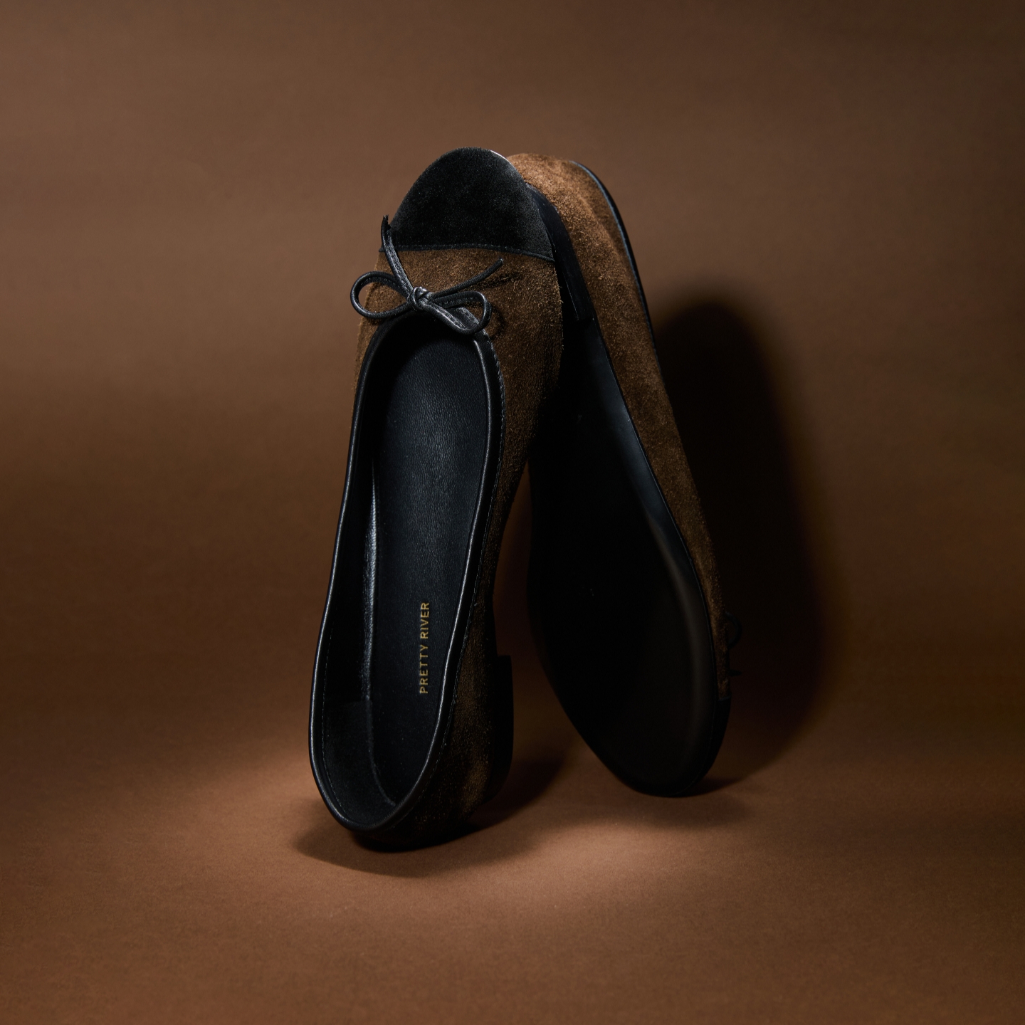 PrettyRiver拼接芭蕾牛皮平底单鞋女士芭蕾鞋黑色浅口单鞋