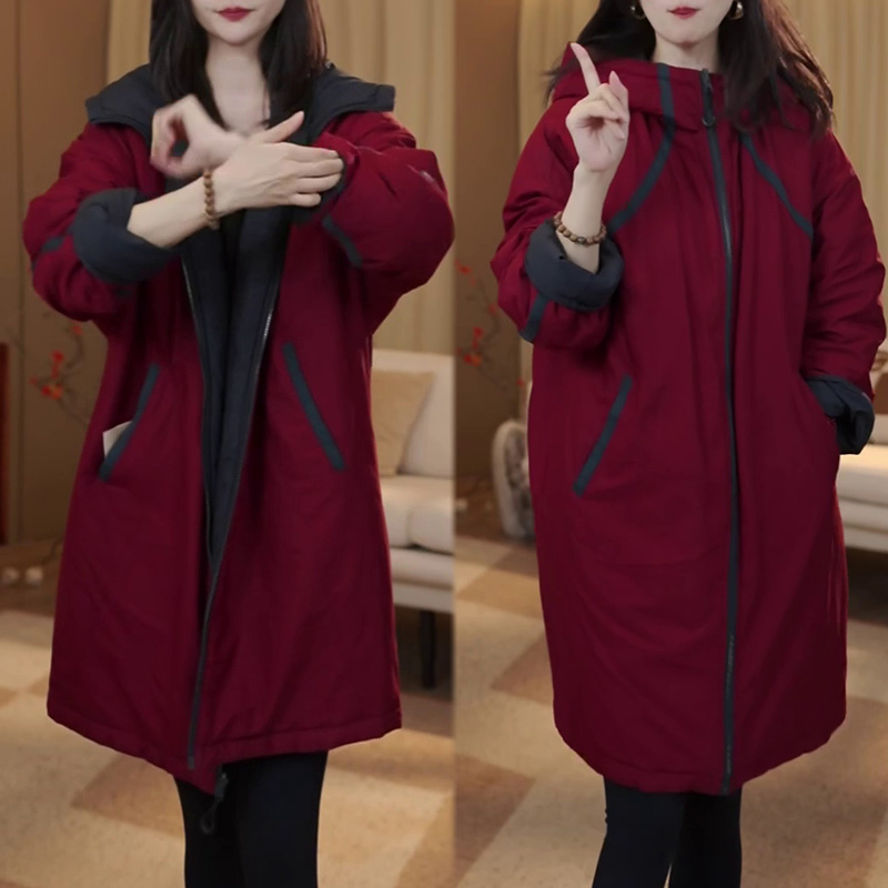 中长款宽松显瘦加厚保暖棉衣2025秋冬季气质双面穿连帽棉服外套潮