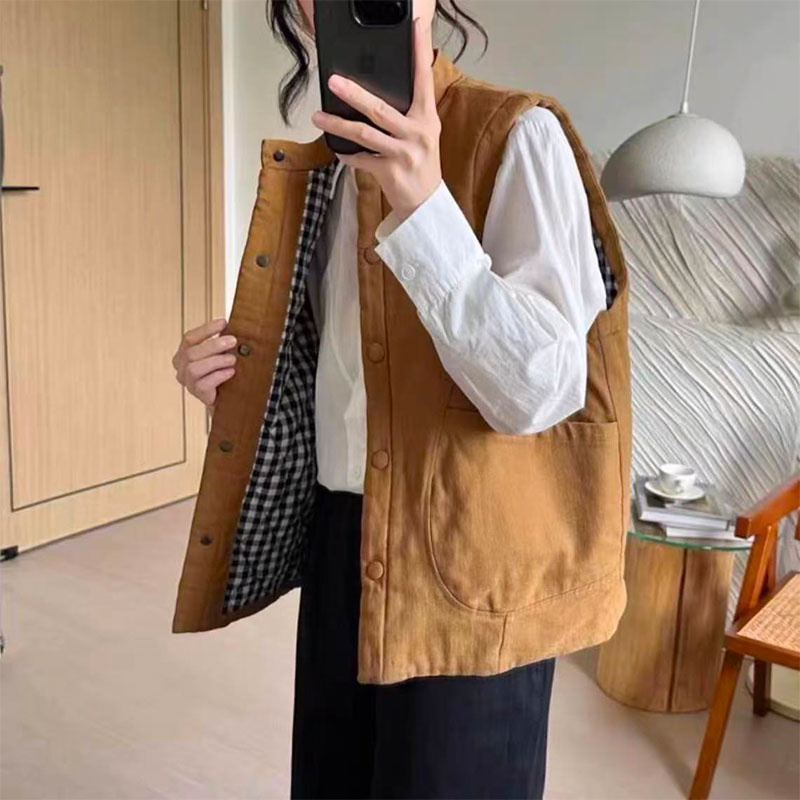 日系复古风小个子宽松短款棉马甲外套女2025秋冬新款宽松百搭马夹