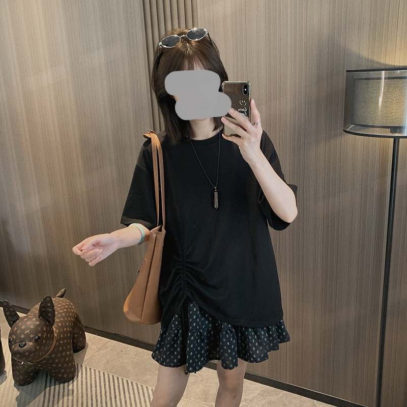 夏季套装女2025新款时尚减龄不规则抽绳短袖T恤波点半身裙两件套