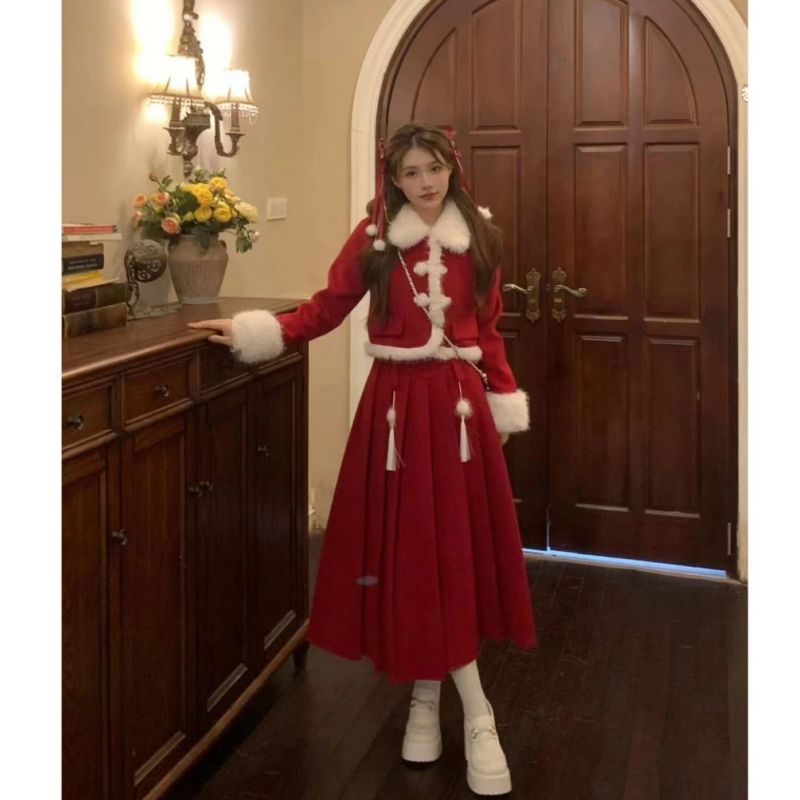 过年国风红色小香风套装裙女秋冬新中式改良汉服小个子穿搭一整套
