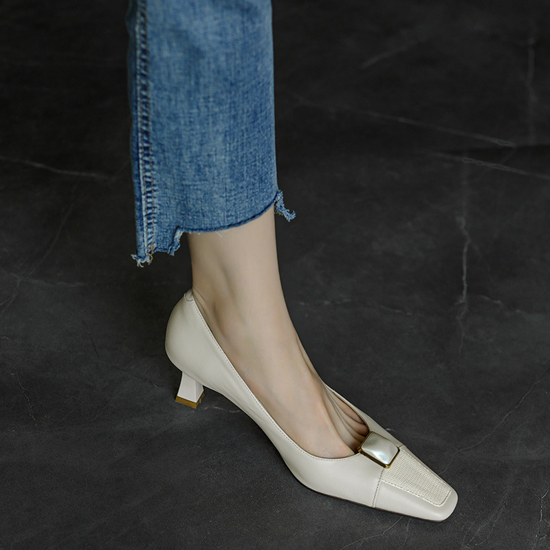 羊皮版真皮方头浅口春夏新款细跟气质高跟鞋法式复古一脚蹬单鞋女