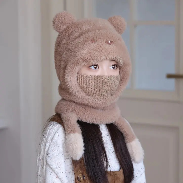 儿童帽子围脖口罩一体秋冬季防风针织毛绒帽男女童加厚小熊护耳帽