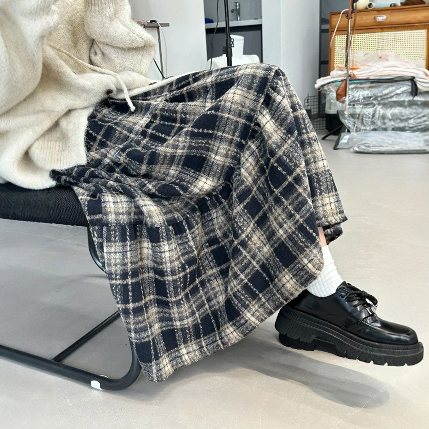 毛呢格子半身裙女秋冬新款大码胖mm高腰遮胯显瘦中长款a字蛋糕裙