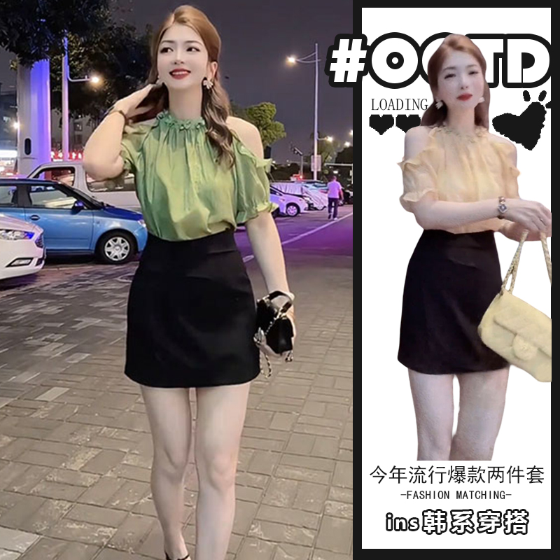 法式气质甜美挂脖露肩雪纺衬衫女夏季2025设计感遮肚显瘦套装