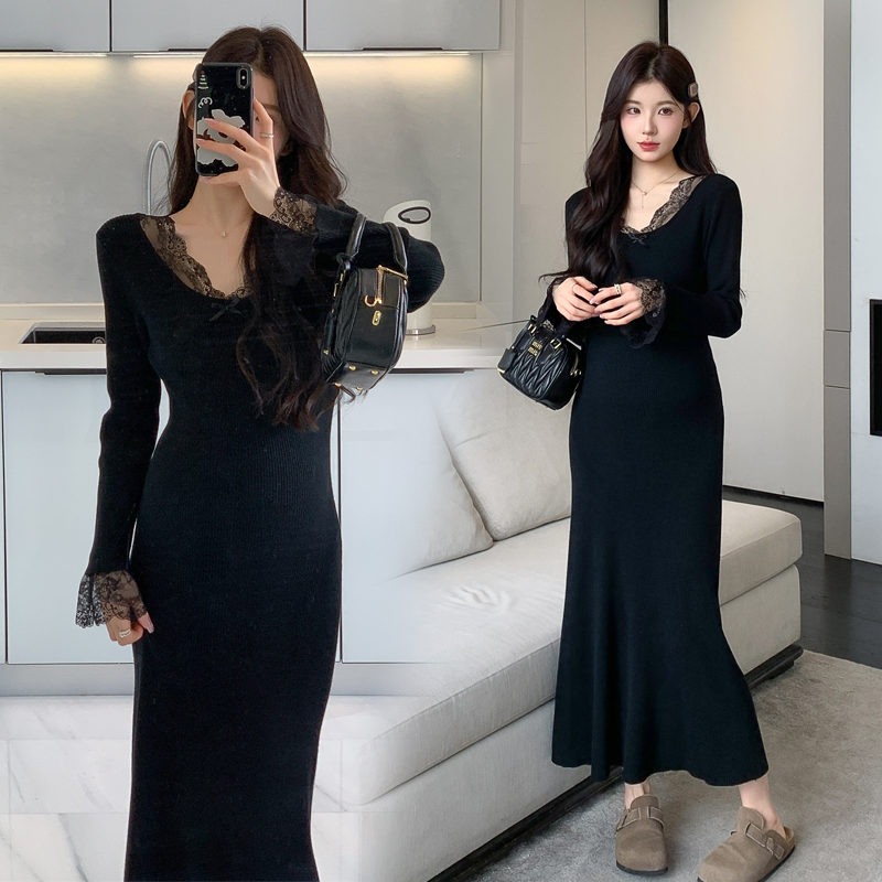 时髦孕妇装新款秋冬法式针织拼接蕾丝气质内搭长裙时尚显瘦连衣裙
