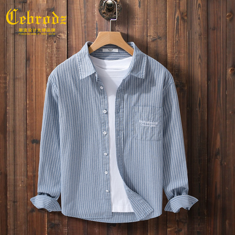 法国Cebrodz日系百搭条纹刺绣衬衫男长袖春秋装上衣文艺休闲纯棉
