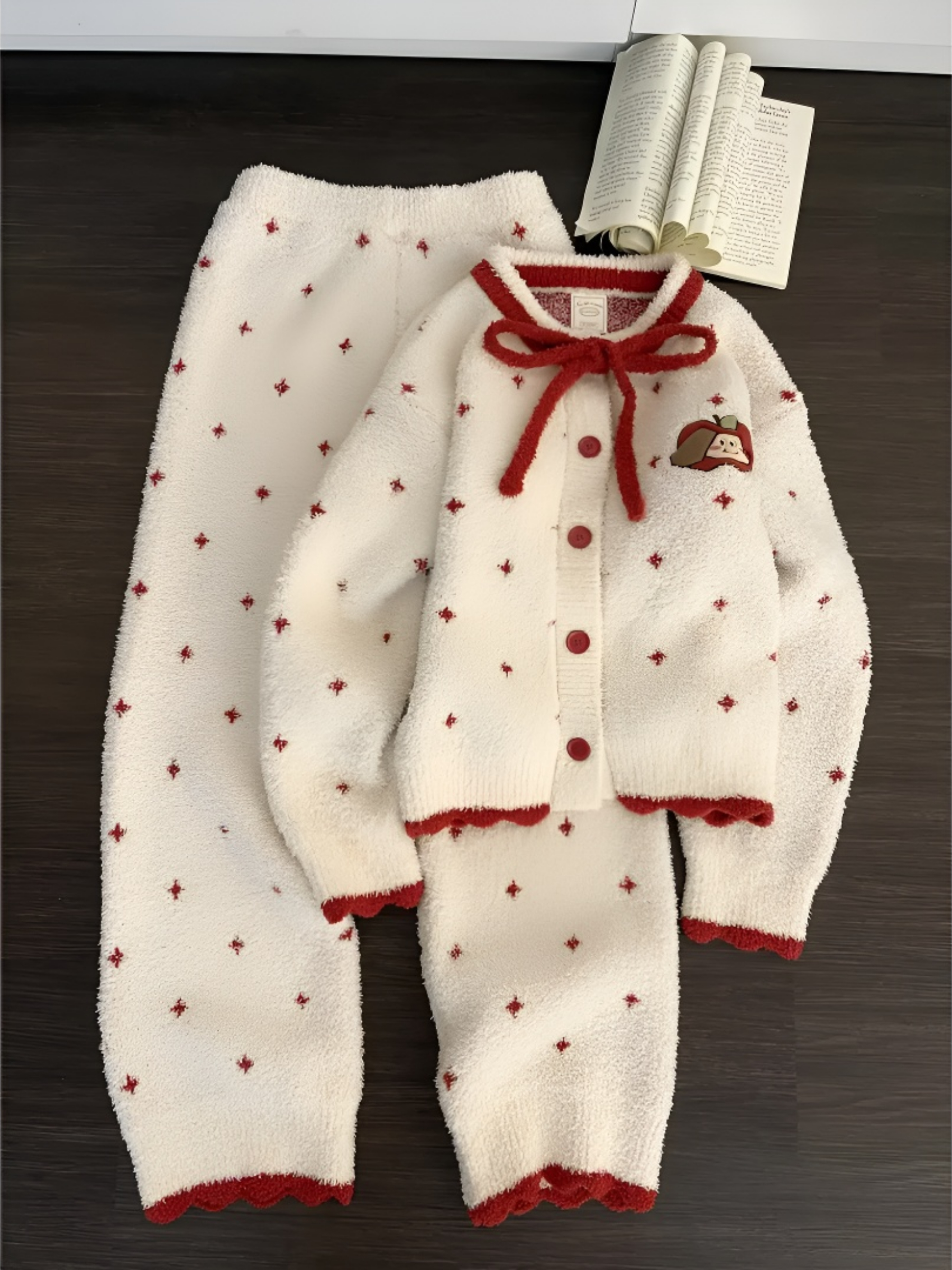 韩版软糯毛绒慵懒半边绒睡衣女秋冬季款针织家居服套装可外穿