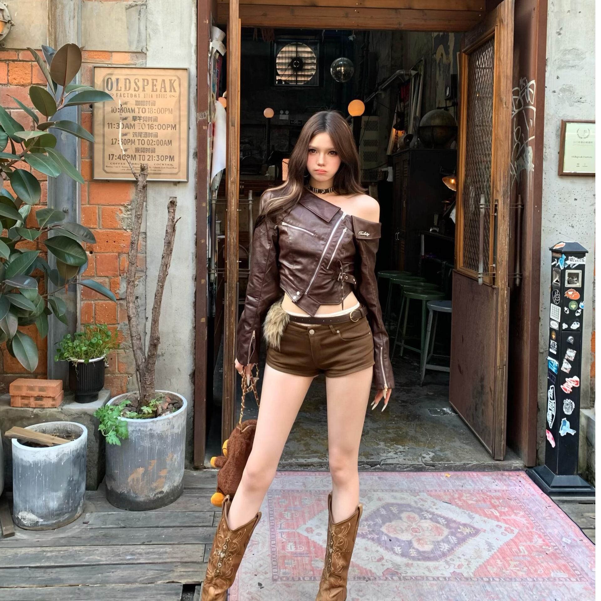 高级感辣妹酷风帅气机车气质一字肩皮衣女修身显瘦不规则拉链上衣