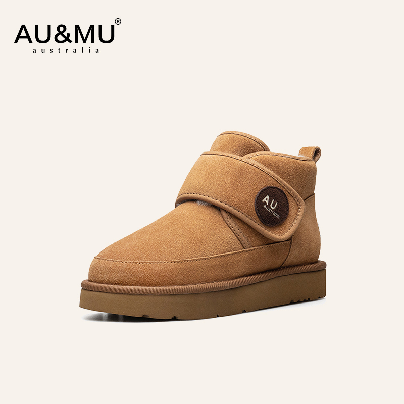 AUMU时尚魔术贴男女款雪地靴皮毛一体防滑厚底加绒中筒保暖靴690