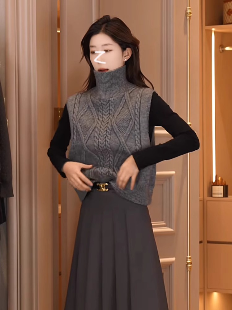 多娜女装同款单排扣马甲毛衣双面叠穿针织衫女秋冬装宽松显瘦上衣