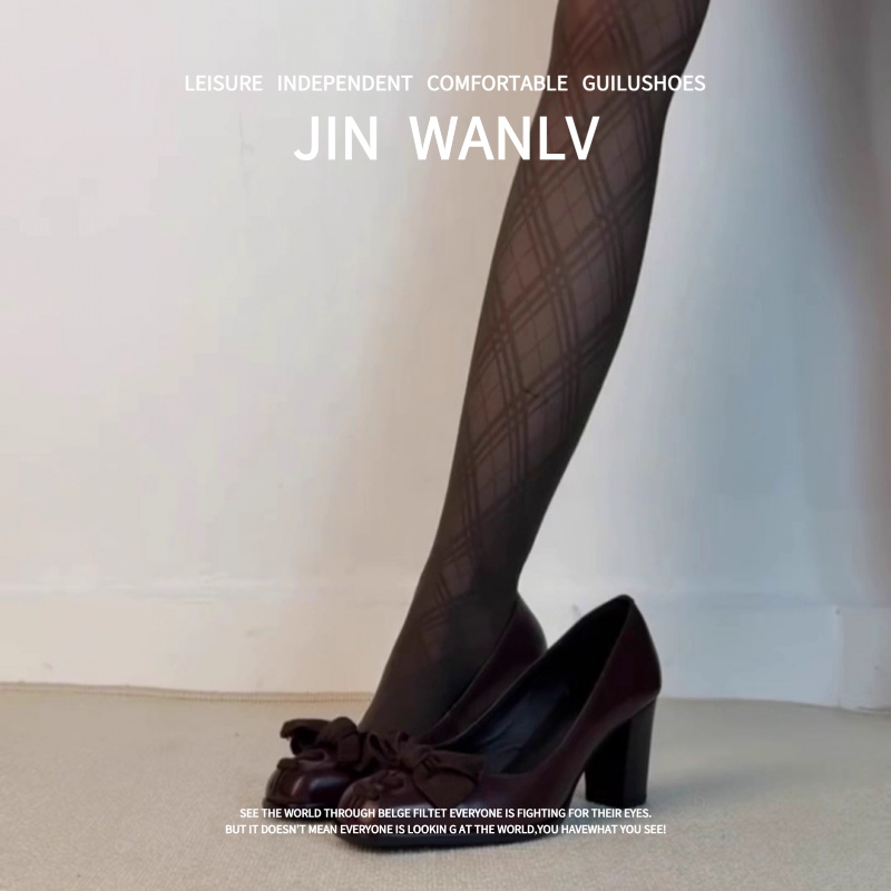 羊皮版~2025秋冬新款法式复古方头高跟鞋女款蝴蝶结粗跟浅口单鞋