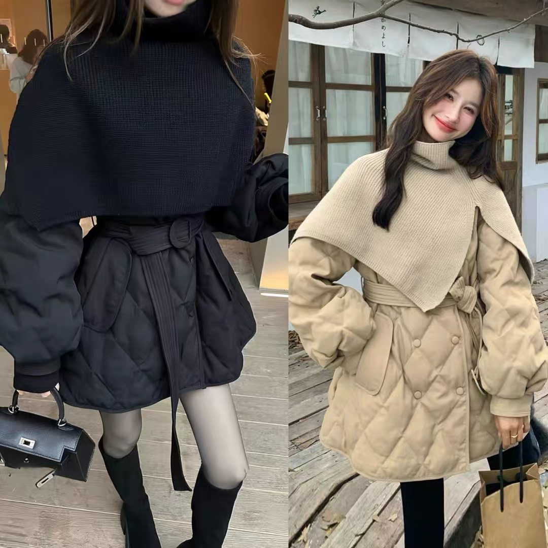 冬季新款女高级感显廋披肩绑带收腰风衣棉服保暖外套百搭
