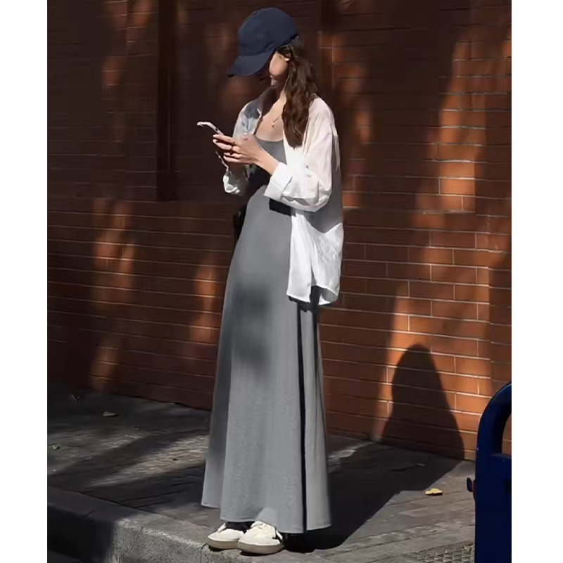 白色棉麻衬衫女夏季薄款宽松长袖防晒开衫搭配吊带连衣裙两件套装