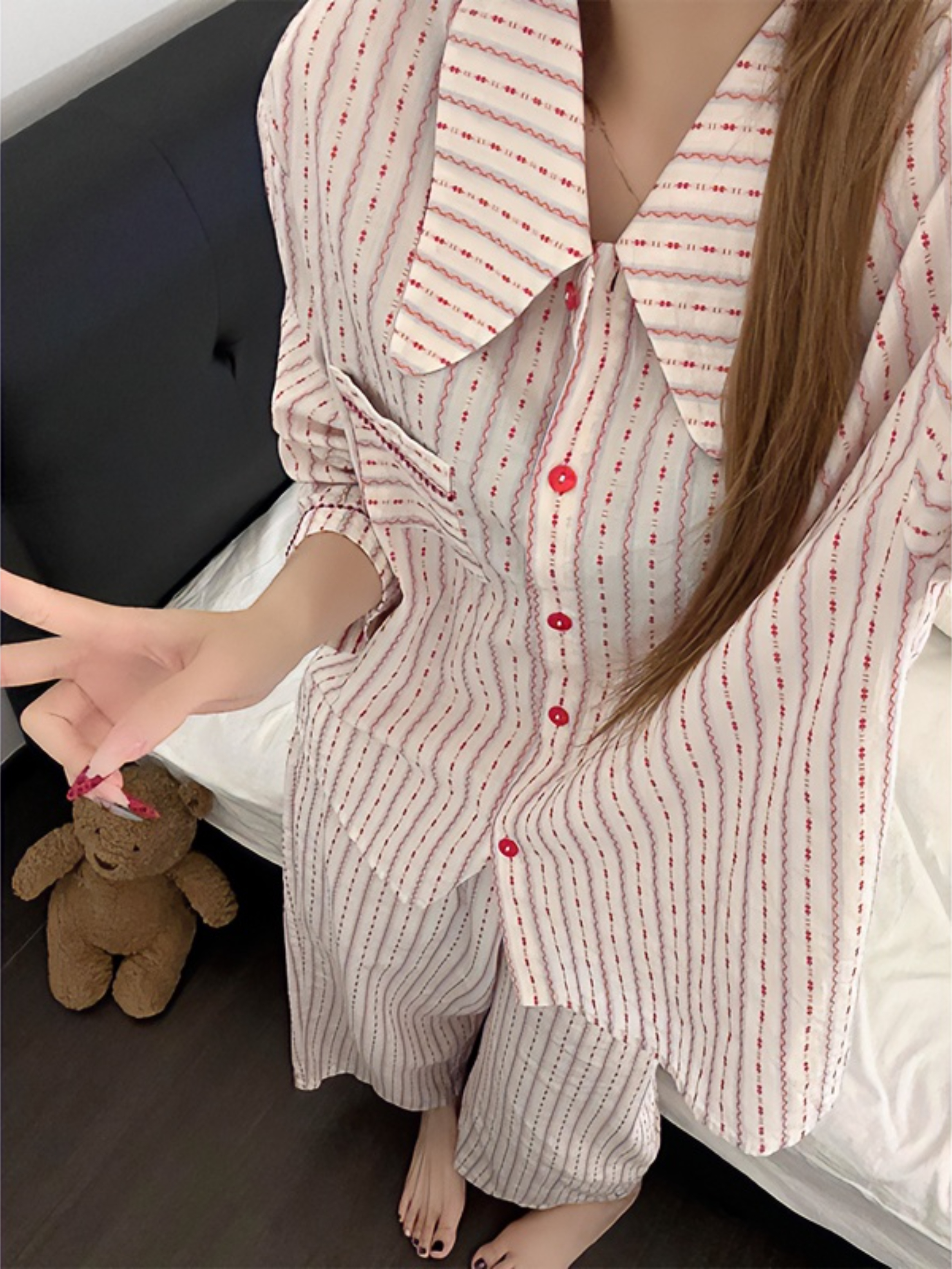 韩系复古甜美条纹睡衣女款秋季开衫长袖长裤宽松家居服可外穿套装