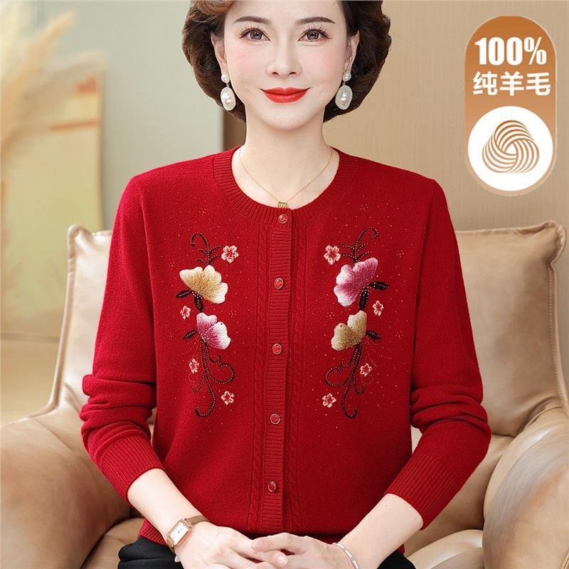 100%纯羊毛针织开衫秋冬新款妈妈中老年女外穿时尚外套本命年红色