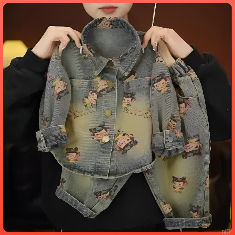 新款2025女童哪吒套装卡通印花春秋男童宝宝牛仔外套牛仔裤两件套