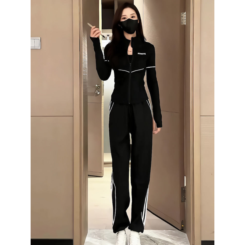 春季运动风套装2025新款微胖大码显瘦黑色修身翻领卫衣两件套女装