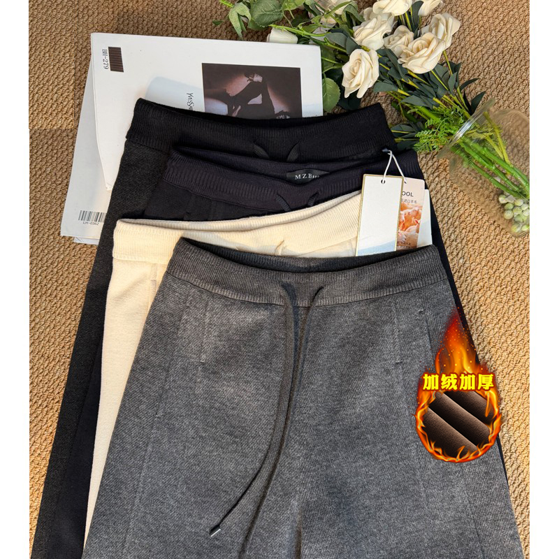醋酸羊毛直筒裤2025冬新款中高腰显瘦休闲加绒加厚长裤阔腿女裤