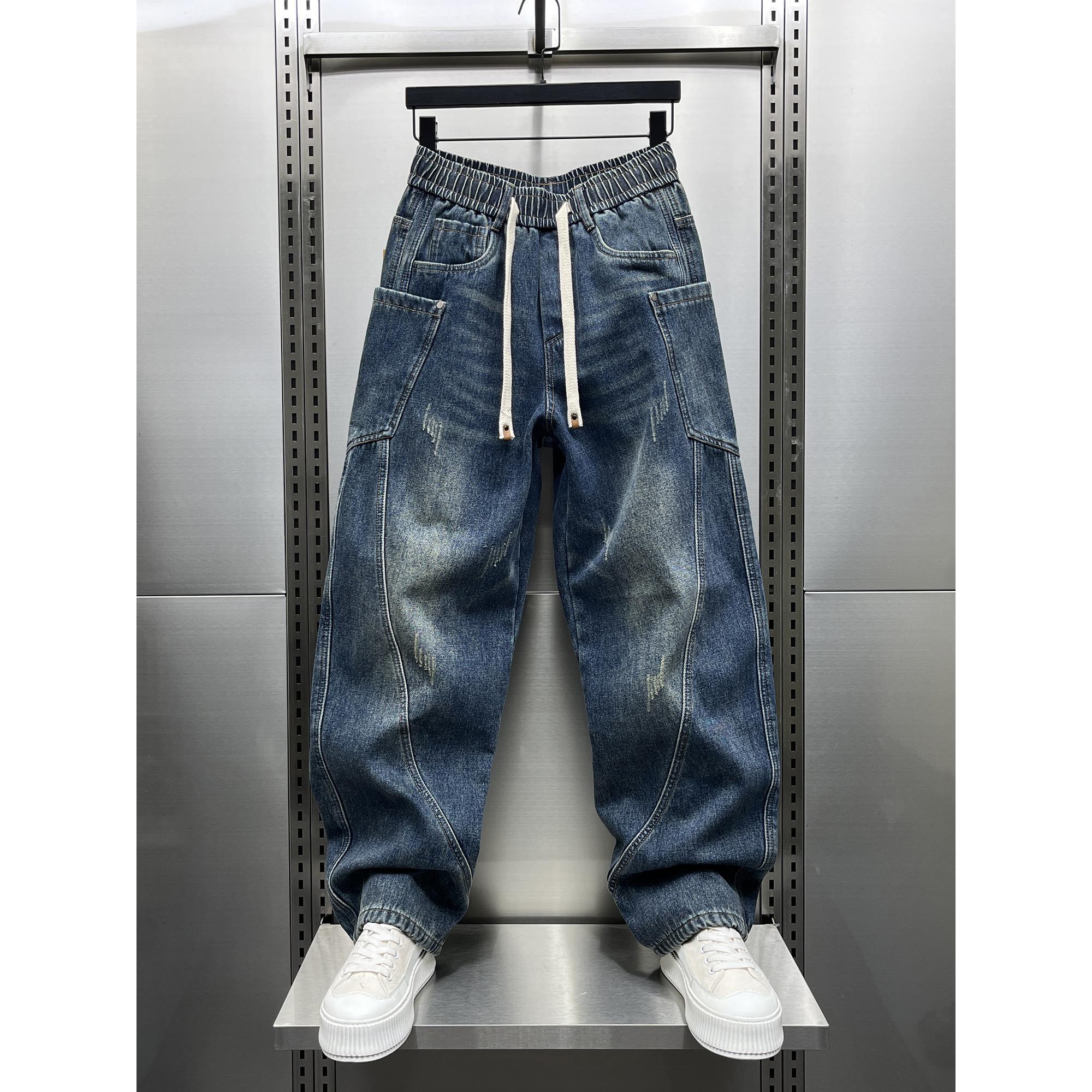 男士2025秋冬新款弯刀牛仔裤时尚高街美式休闲宽松加绒直筒工装裤