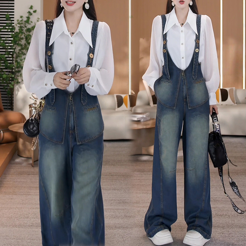 高级感巨好看的套装女士秋季新款POLO领白色衬衫牛仔背带裤两件套