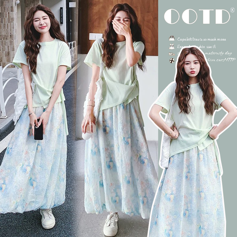孕妇穿搭不规则T恤碎花半身裙套装女夏季甜美两件套爆款甜美显瘦