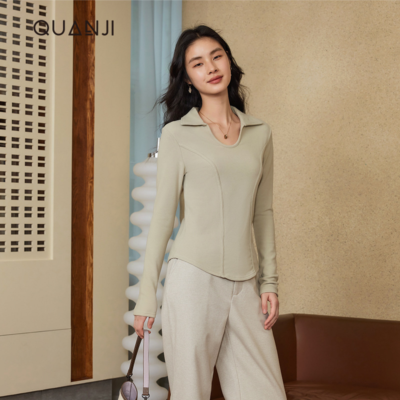 女士德绒打底衫秋冬新款u领保暖长袖双面德绒修身显瘦打底鱼骨t恤