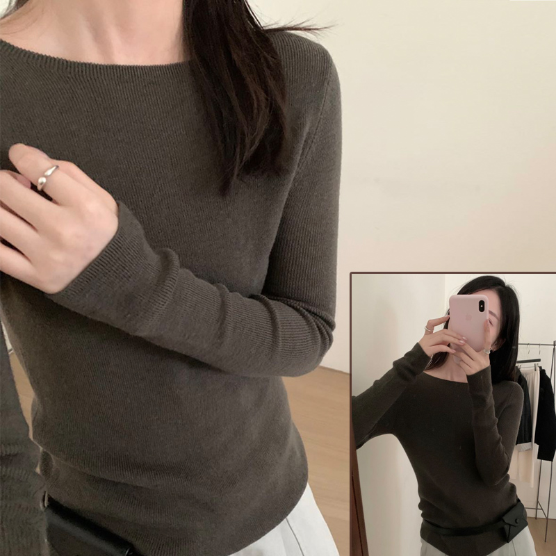 针织衫女秋冬季新款修身显瘦百搭一字领打底衫柔软羊毛衫