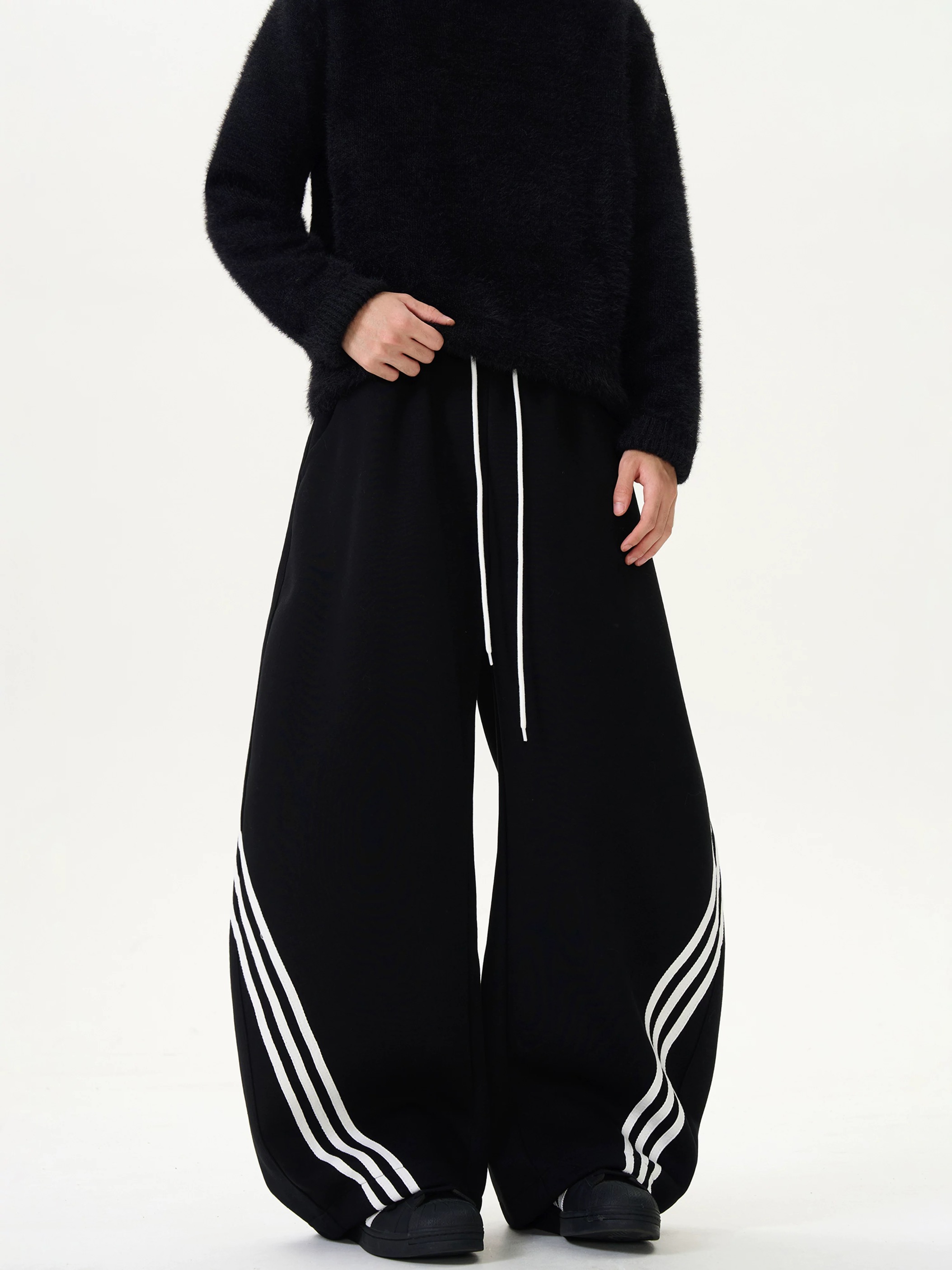 美式复古三条杠阔腿弯刀卫裤男女重磅宽松休闲爵士跳舞条纹运动裤