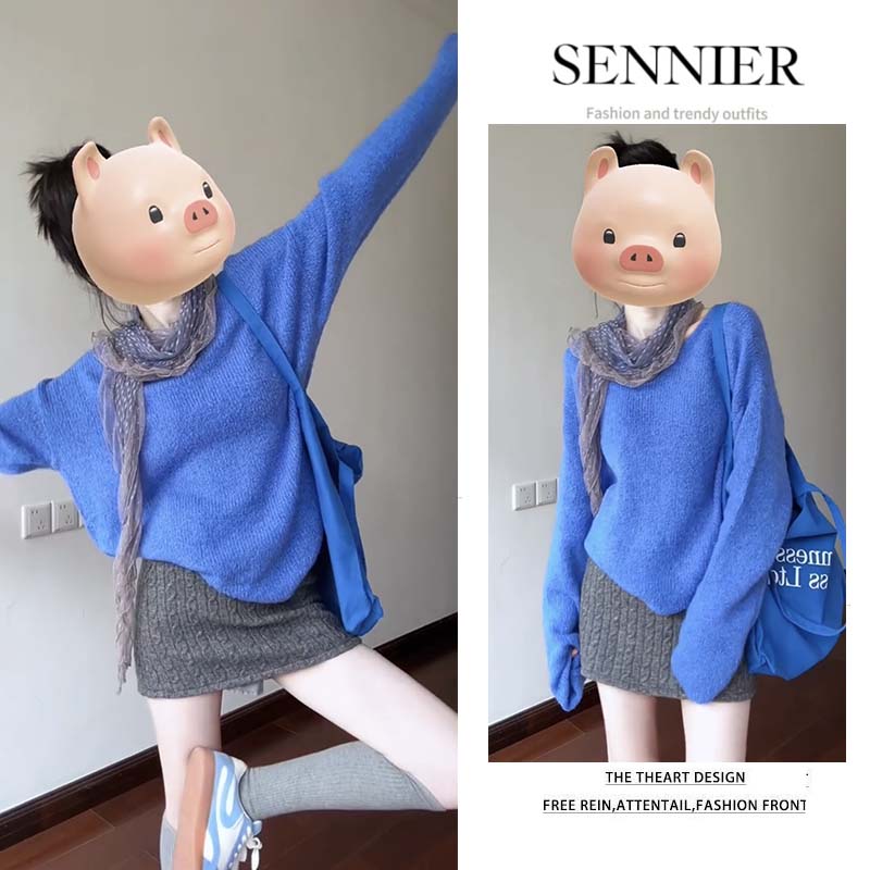 【现货】今年流行穿搭2025秋季新款蓝色套头针织毛衣麻花短裙两件套