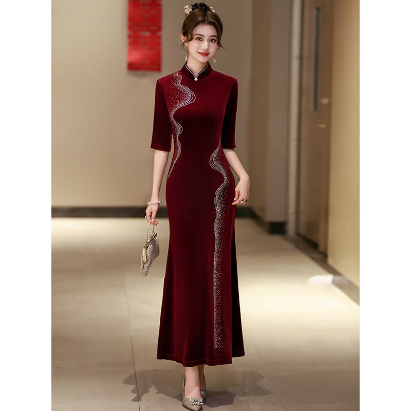 黎客优雅长袖旗袍连衣裙女2025秋季新款喜妈妈结婚喜宴修身裙子