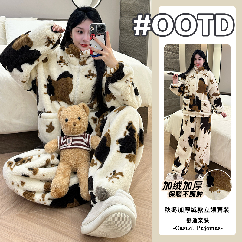 2025冬季睡衣女珊瑚绒加绒加厚蓄热保暖甜美风可外穿家居服套装