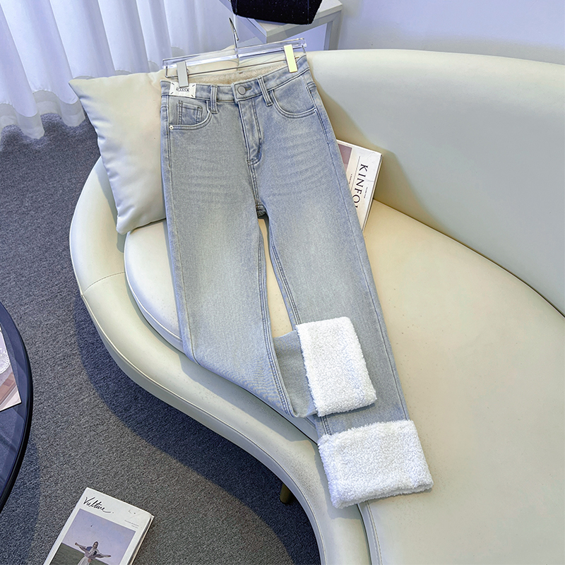 拉夏贝尔烟管直筒牛仔裤女2025新款爆款秋冬季加绒卷边小个子裤子