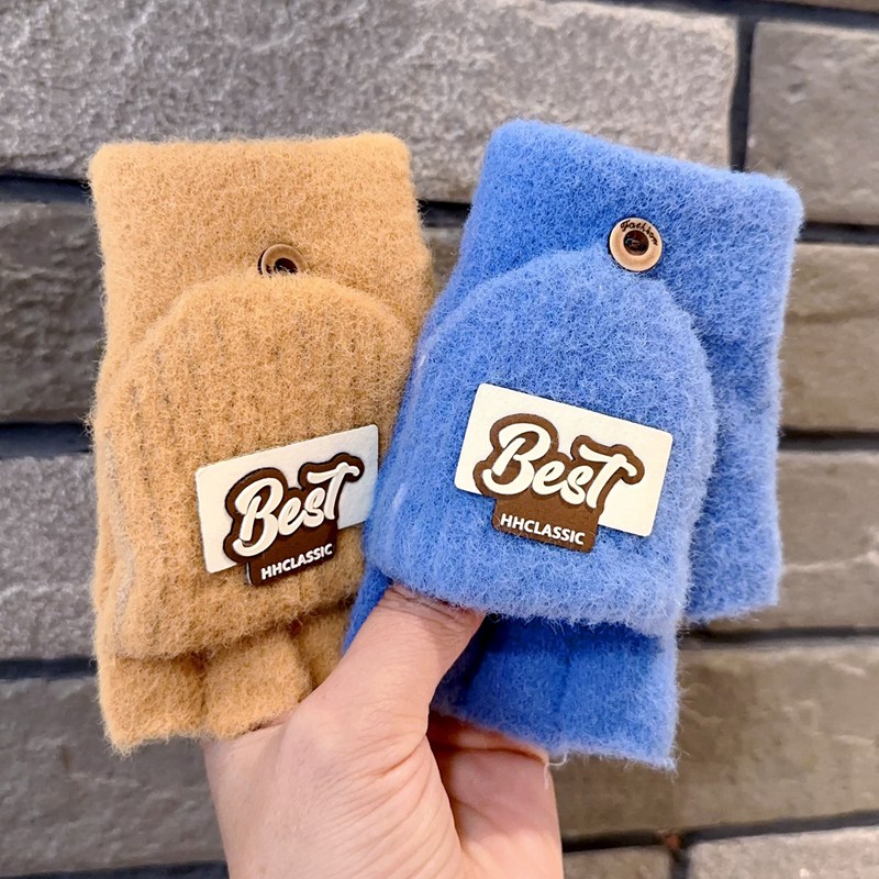 儿童手套男童五指半指冬保暖男孩露指翻盖两用小学生写字防寒卡通