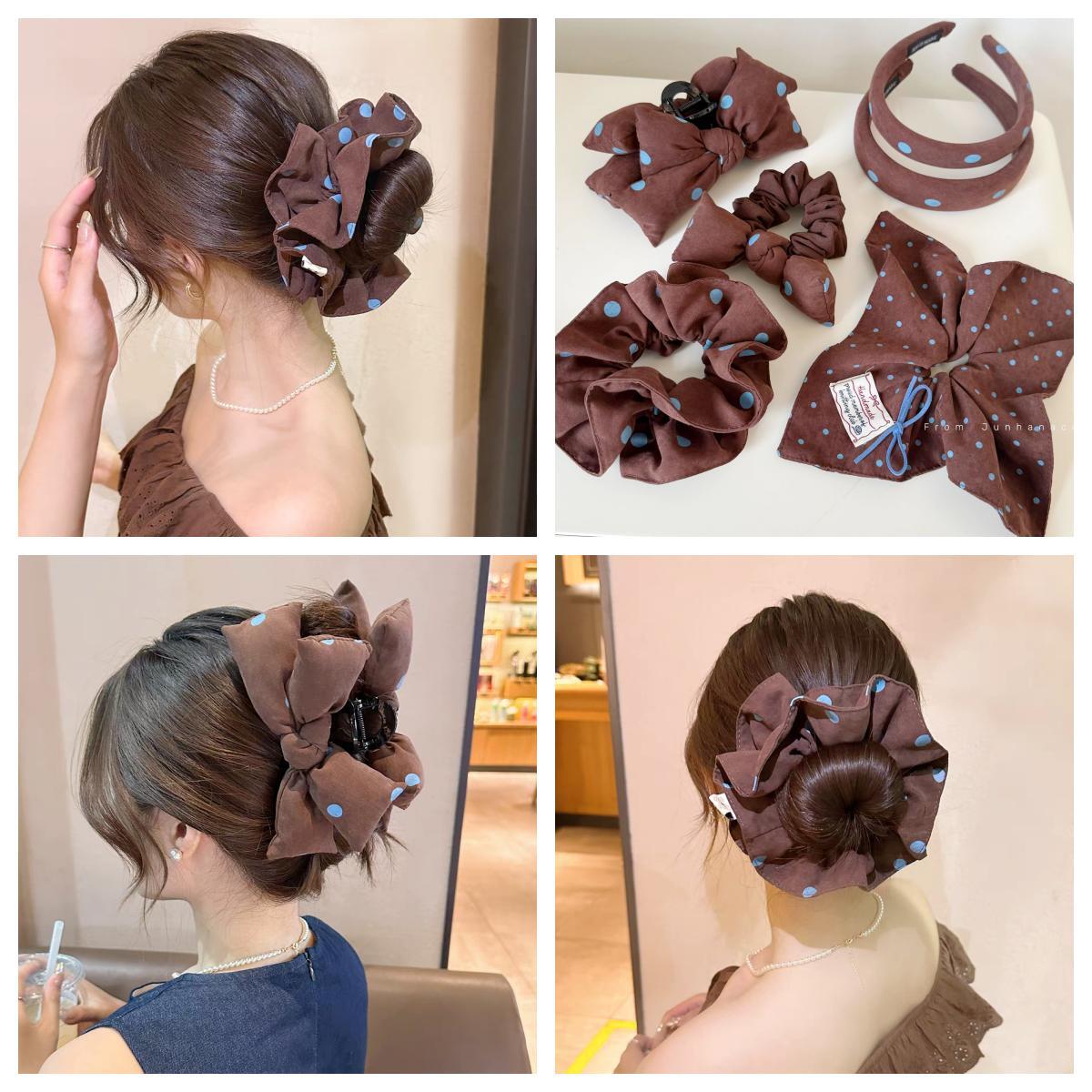 韩国复古撞色蓝咖波点方巾大肠发圈发箍可爱后脑勺抓夹鲨鱼夹发饰