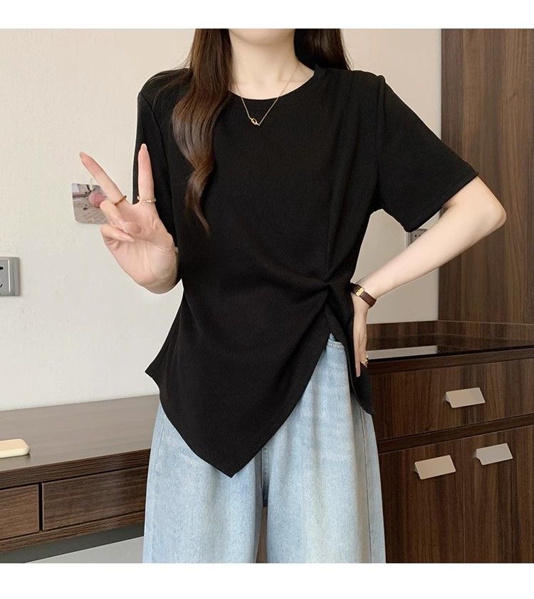 大码黑色正肩t恤短袖女2025新款夏季胖mm不规则遮肚显瘦微胖上衣