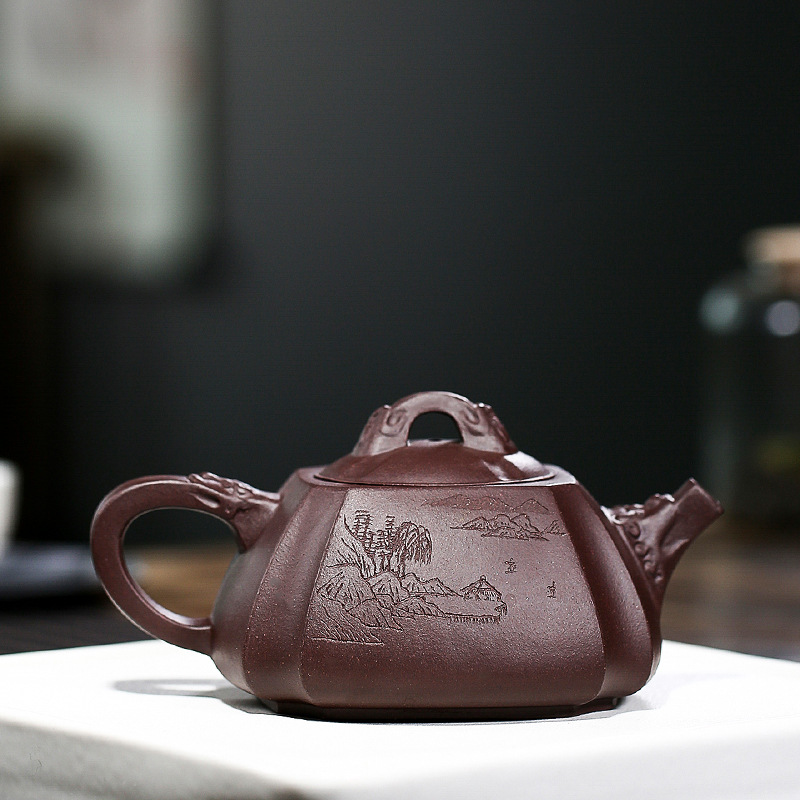 BERTHA DENTON/伯莎丹顿宜兴原矿紫砂壶纯全手工四方抽角石瓢茶壶