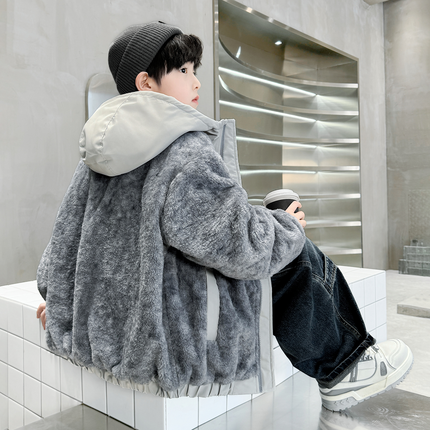 男童加绒毛毛衣外套2025新款秋冬款中大儿童男孩夹棉加厚冬装棉服