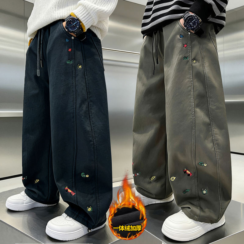 男童冬季裤子加绒2025新款一体绒中大童秋冬装休闲儿童宽松直筒裤