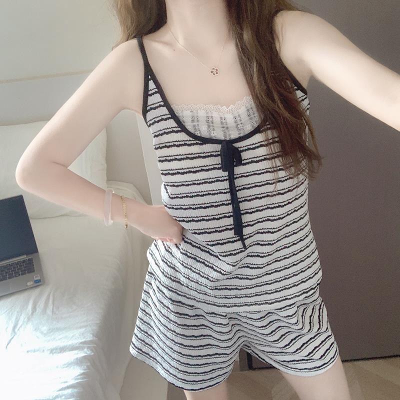 黑色薄款蕾丝云朵棉睡衣女夏季新款带胸垫吊带背心大码家居服套装