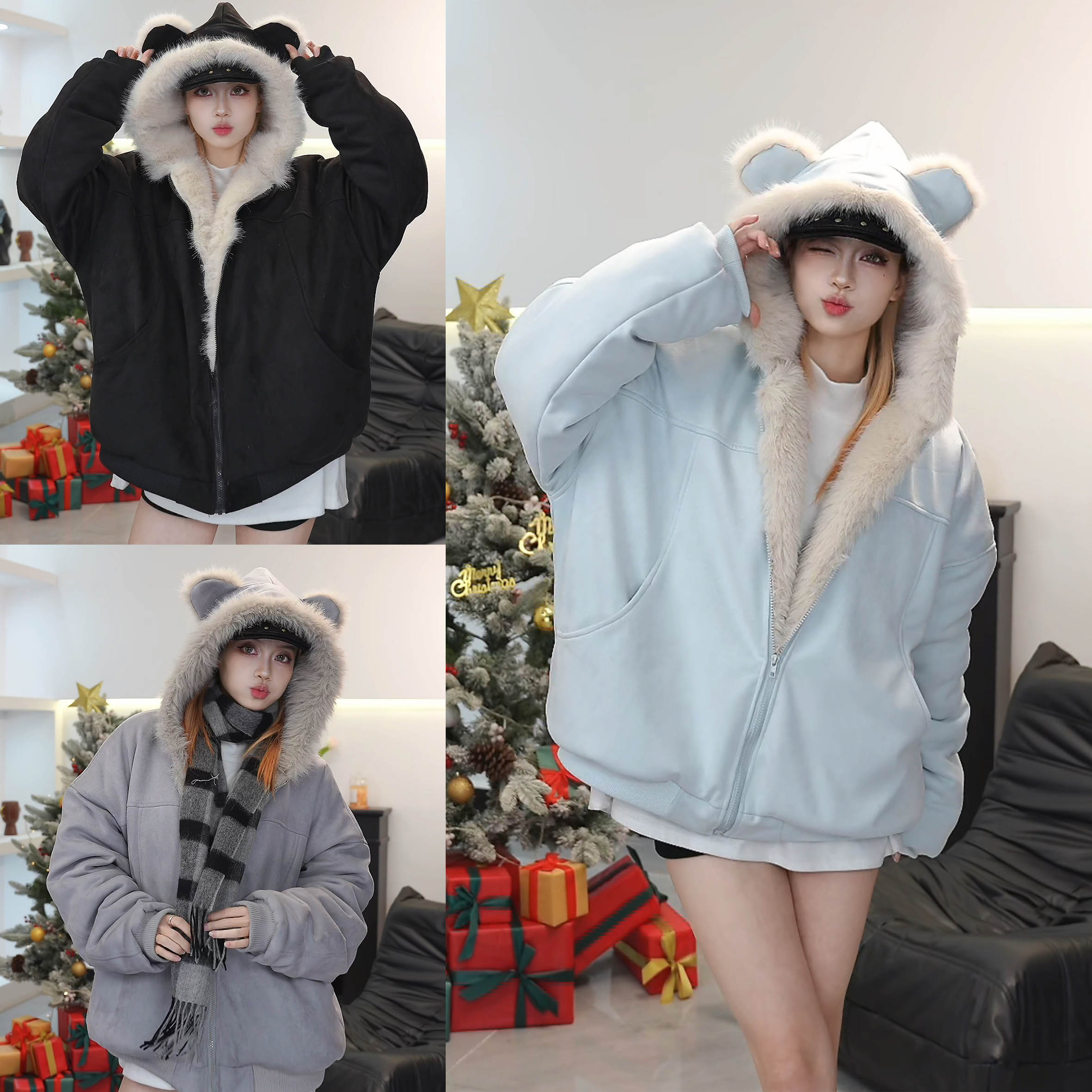 Rose冬季百搭宽松座山猫耳朵加绒加厚绒面短款棉服夹克男女同款