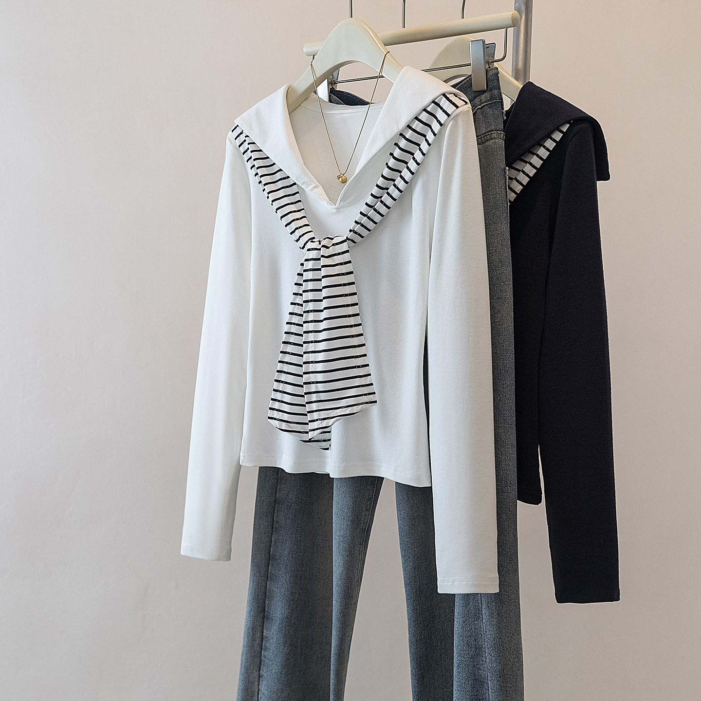 yoewshean/羽媗秋冬季海军领条纹披肩长袖T恤大码女装微胖mm上衣