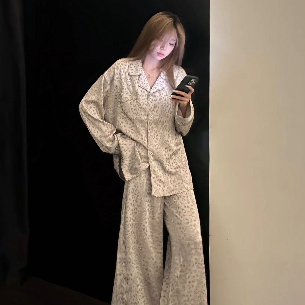 韩系豹纹印花宽松睡衣女早秋新款可外穿慵懒风长袖长裤家居服套装