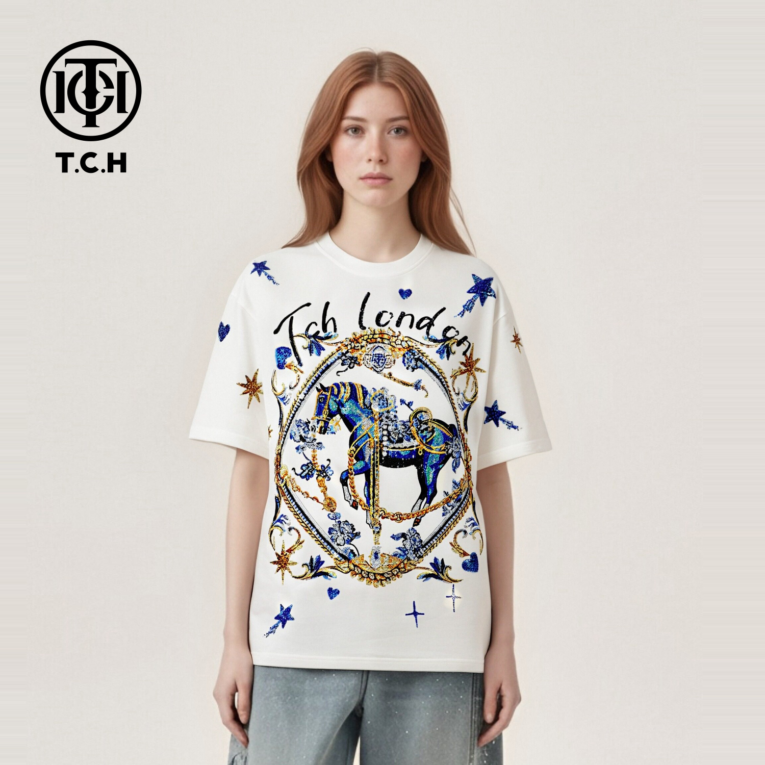 TCH【时尚摩登】夏款百搭烫钻白色短袖圆领T恤情侣款T78B106017