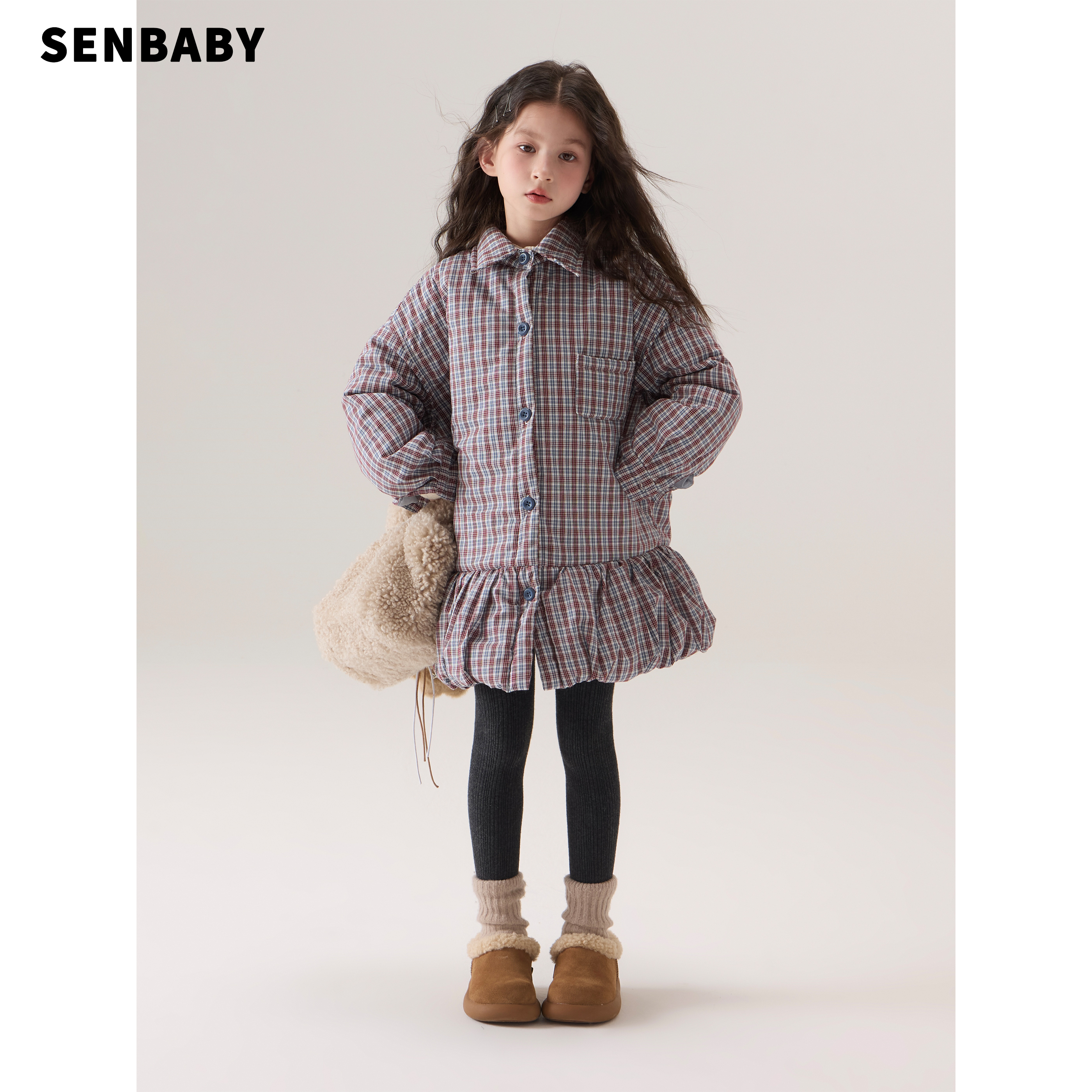 senbaby童装女童加厚衬衫裙2025冬季保暖长袖格子衬衫棉袄裙