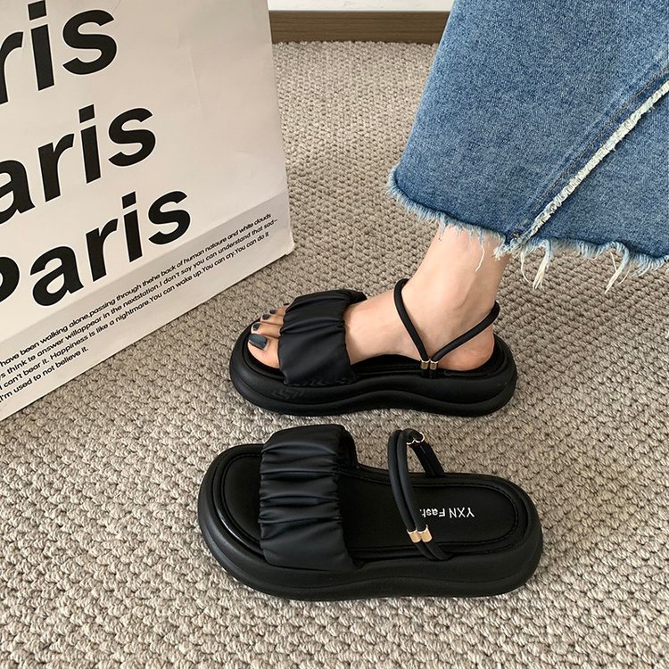 法式高跟凉拖鞋女2025新款夏外穿高级感配裙子黑色粗爆款厚底平底