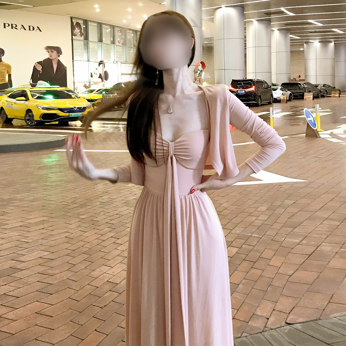 法式甜美漂亮高腰长裙连衣裙女秋冬2025新款褶皱绑带粉色长裙套装