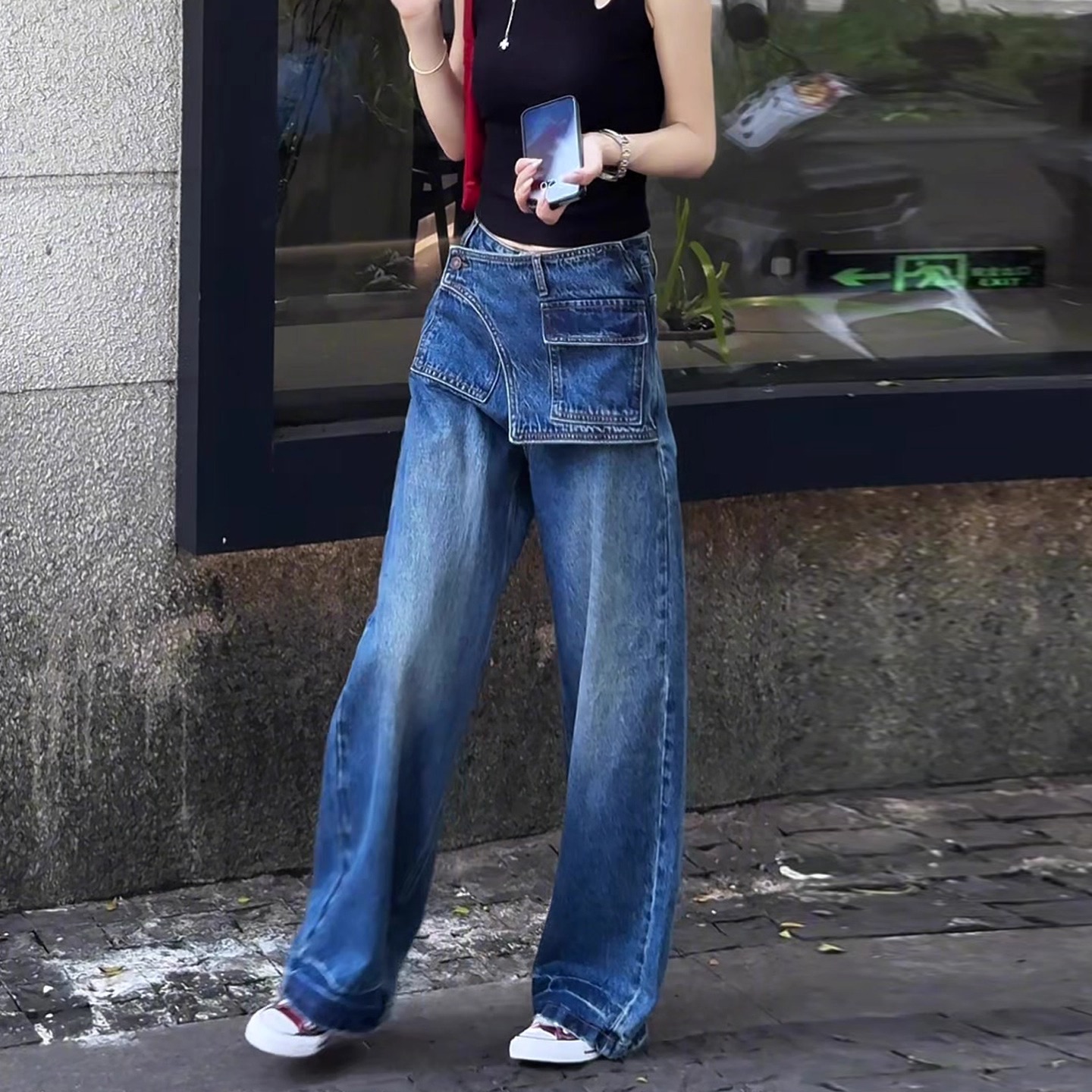 时尚百搭设计感阔腿牛仔裤女秋季新款大码胖mm梨型显瘦美式直筒裤